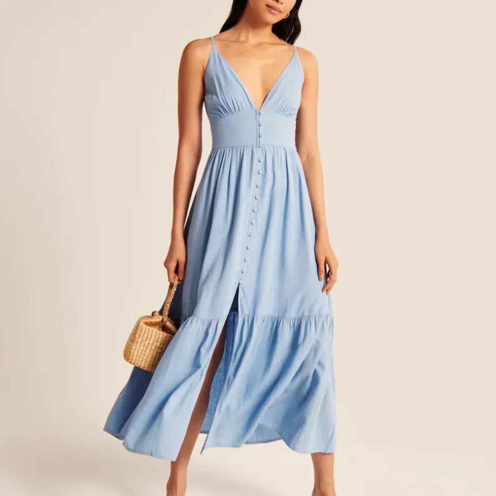 Abercrombie & Fitch Light Blue Button-Front Maxi Dress